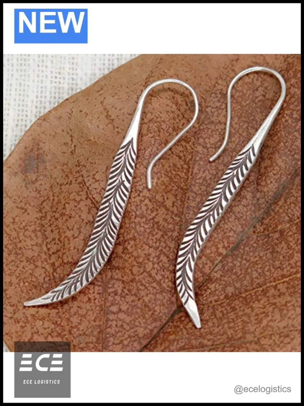 Sterling Silver Long Feather Earrings Handmade Oxidized Tribal Spike Drop Dangle